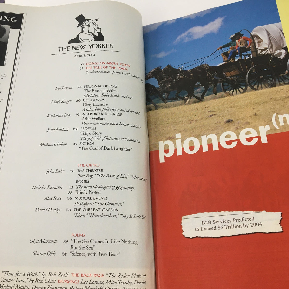 Inside page of The New Yorker April 9 2001 showcasing the contents section, including articles and features of the magazine.