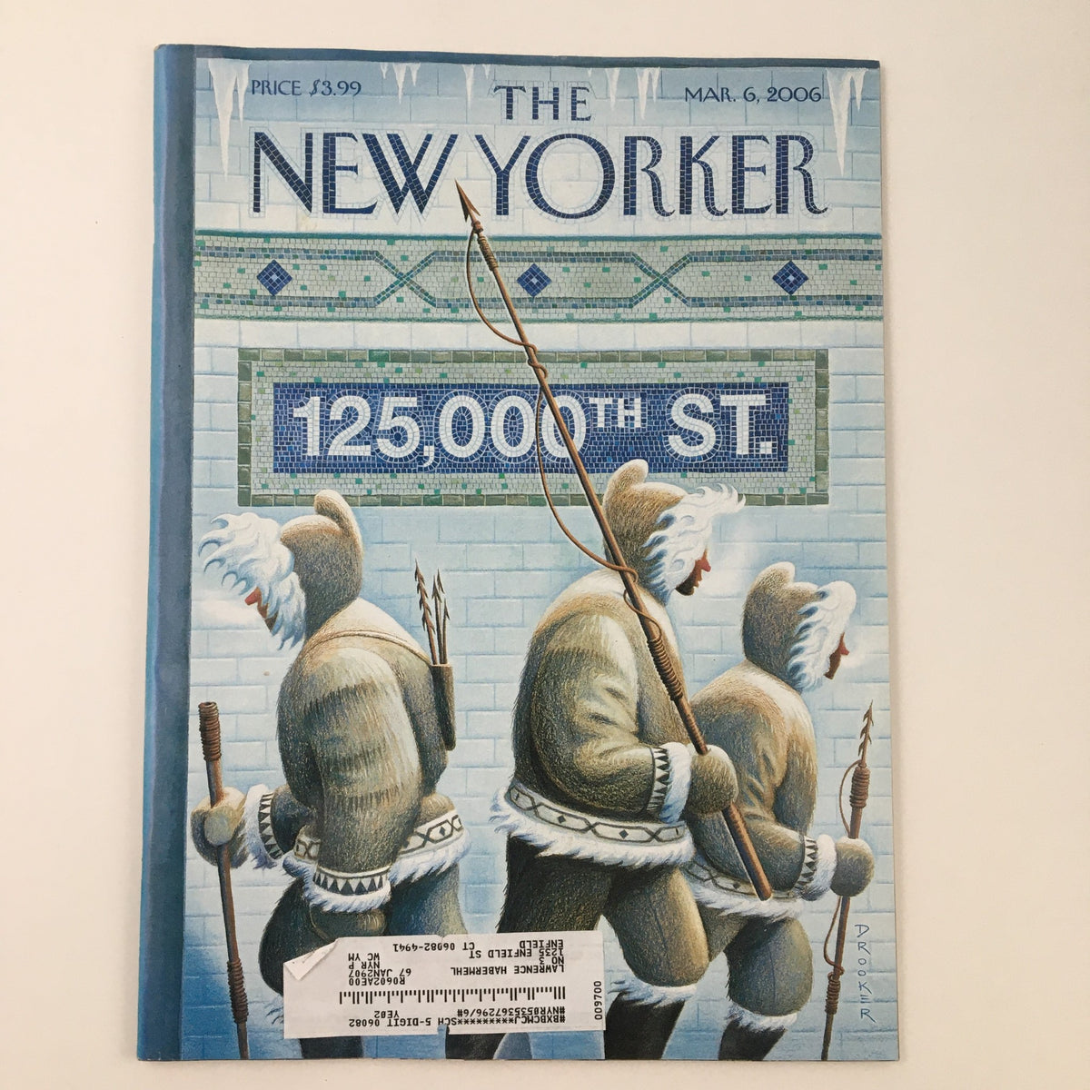 The New Yorker March 6 2006 Full Magazine cover featuring artwork by Eric Drooker, showcasing three figures in winter attire marching under the title '125,000th St.'.