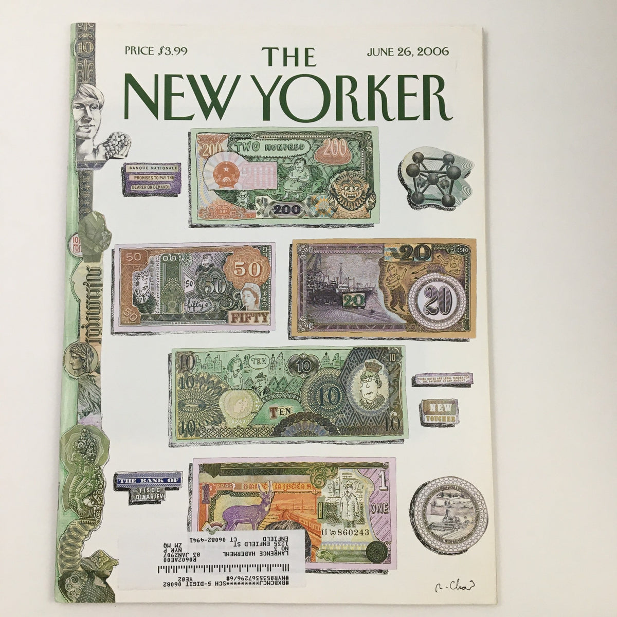 The New Yorker June 26 2006 magazine cover featuring vibrant artwork by Roz Chast, showcasing various currency notes and symbols, highlighting the magazine's unique artistic style.