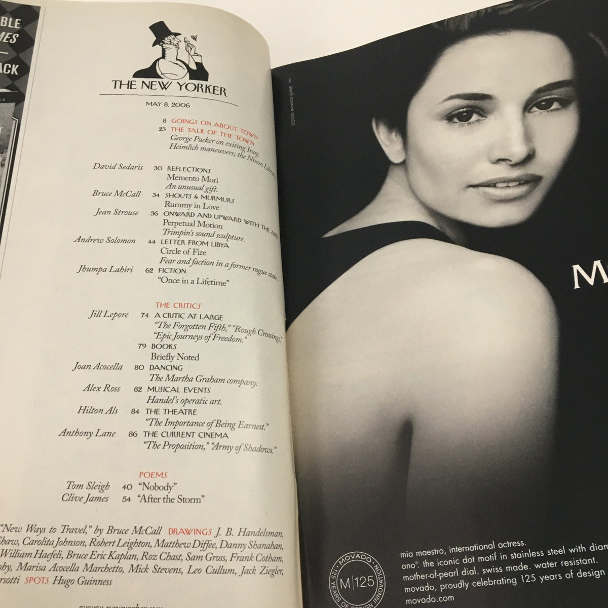 The New Yorker May 8 2006 Inside Contents Page showcasing a list of articles and contributors, including Bruce McCall, with a stylish black and white photograph.
