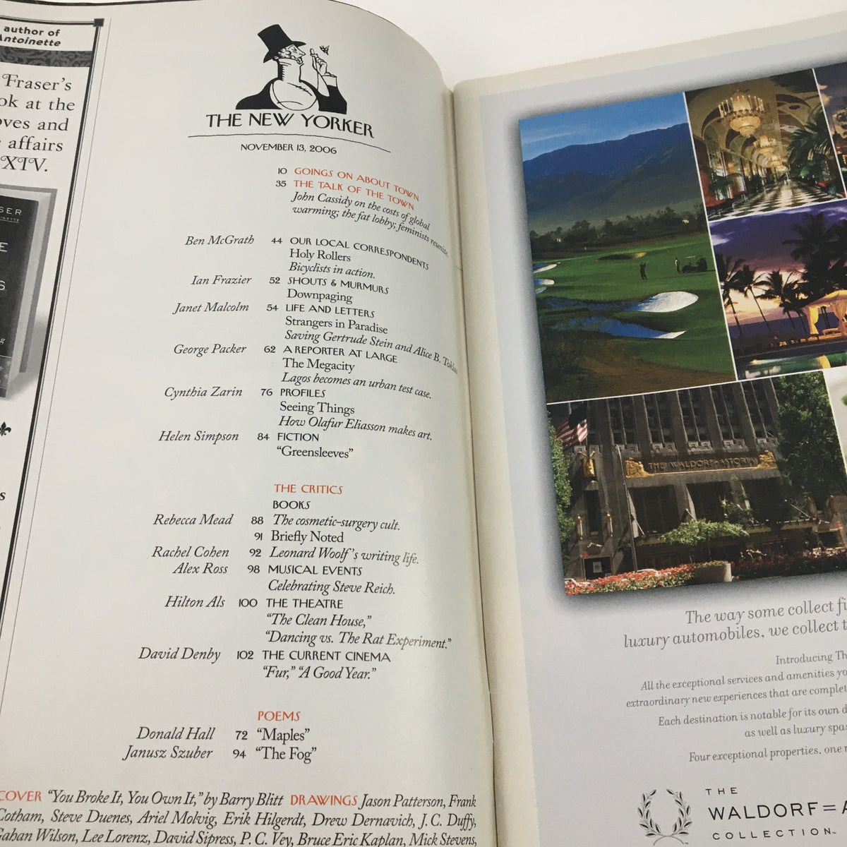Interior page of The New Yorker November 13, 2006 magazine featuring articles and illustrations, including the title 'The New Yorker' and details about contributors, showcasing the publication's content theme.
