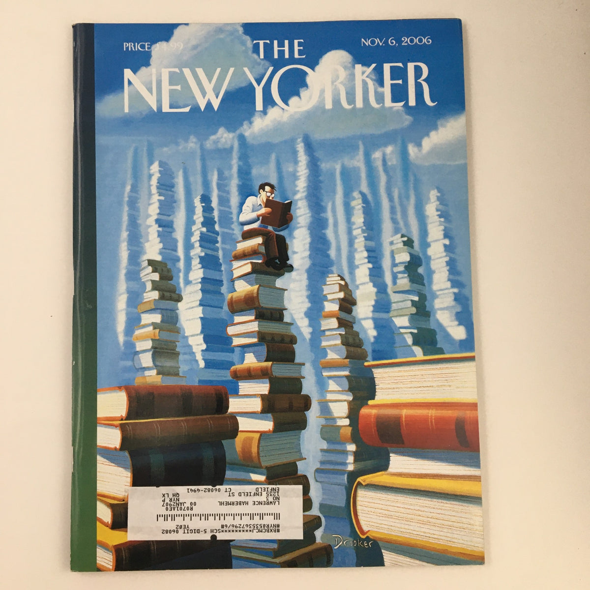 Cover of The New Yorker November 6 2006 featuring striking cover art by Eric Drooker, featuring a reader atop stacks of books.