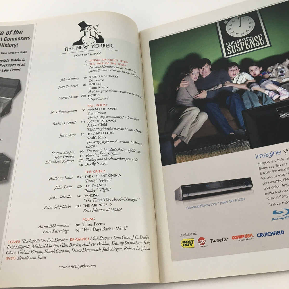 Interior page of The New Yorker November 6 2006, displaying a table of contents alongside a nostalgic family scene, highlighting various articles.