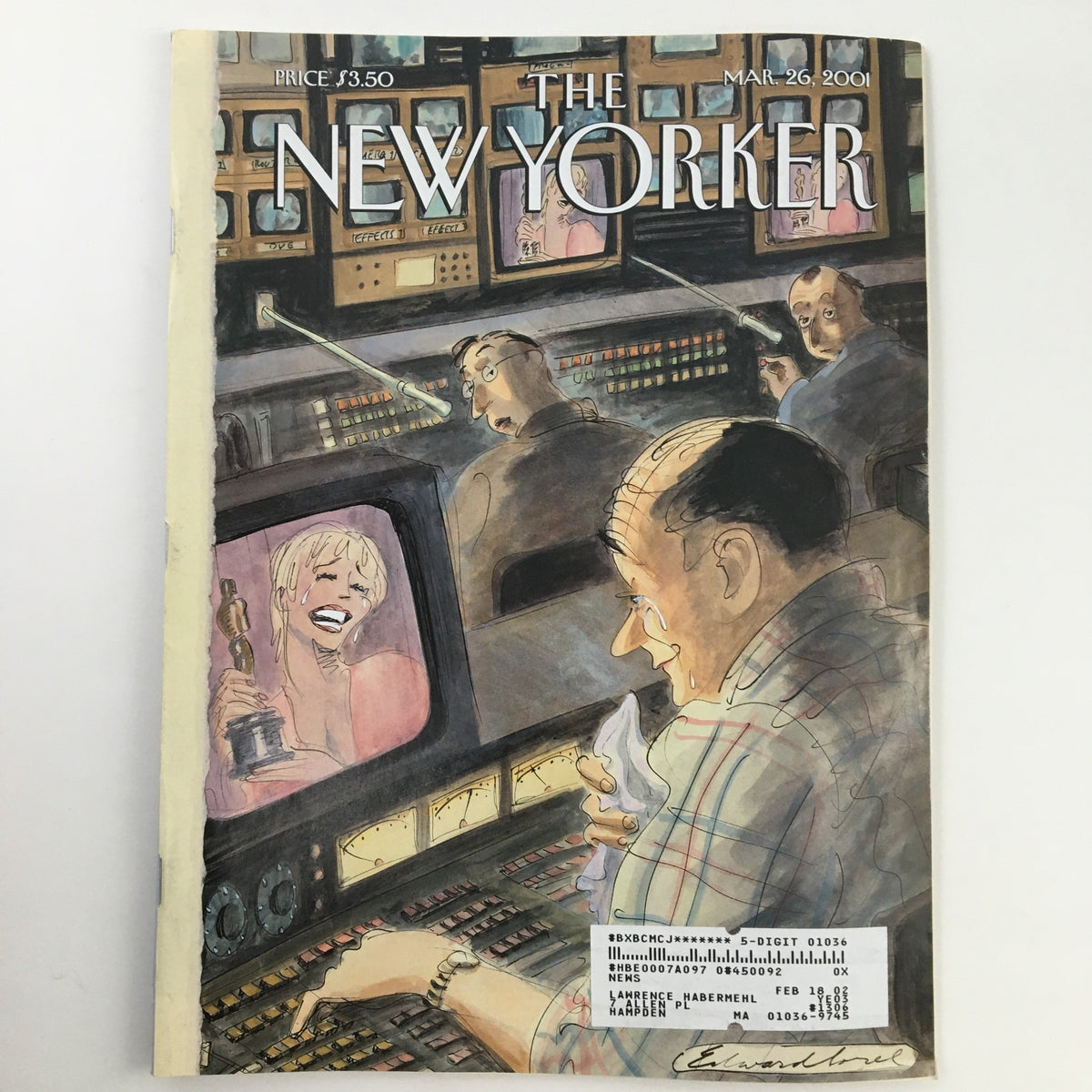 Cover of The New Yorker March 26, 2006, featuring art by Edward Sorel, depicting a comedic television production scene with characters reacting to an award show.