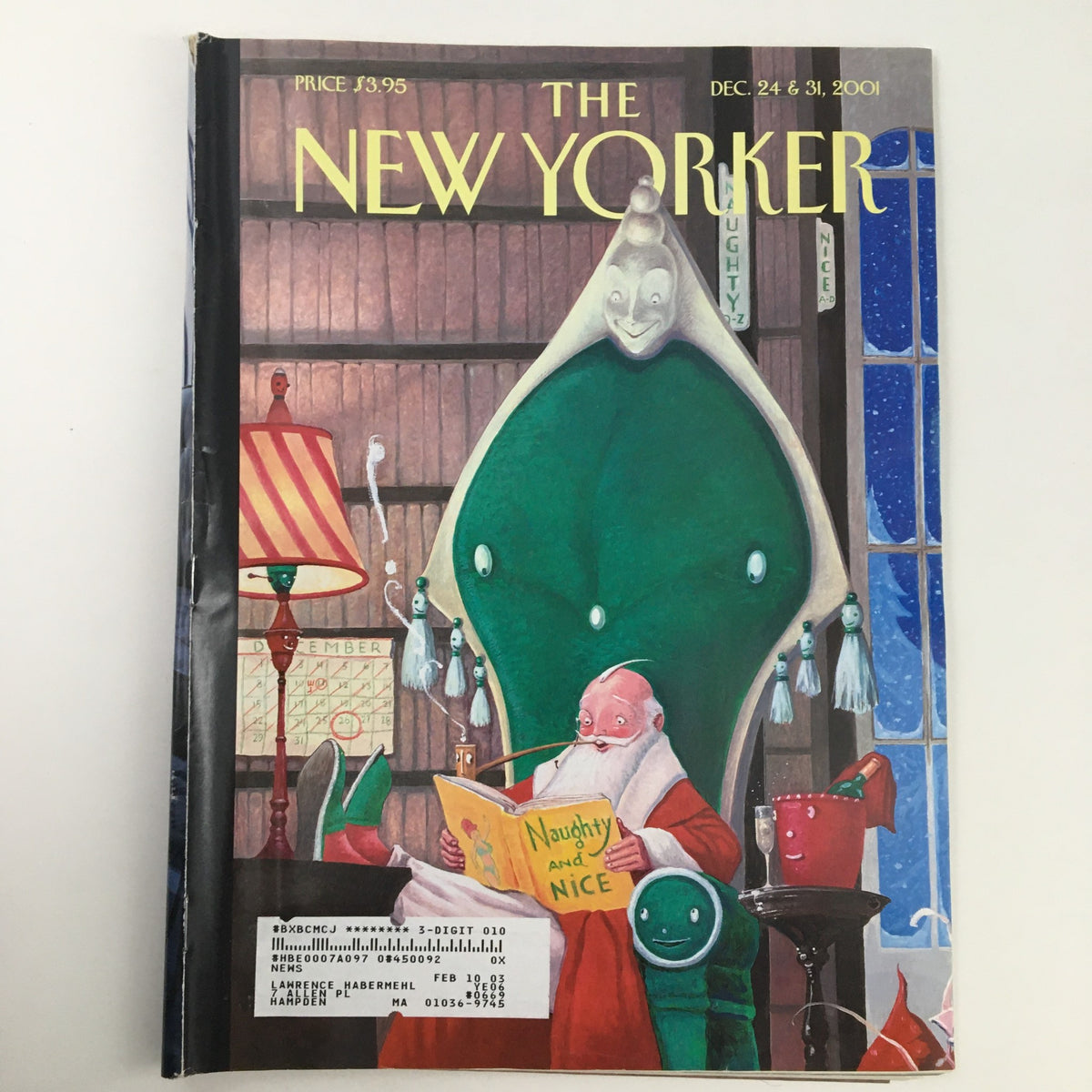 The New Yorker December 24 2001 Full Magazine Theme Cover Art by William Joyce, featuring Santa Claus reading a book titled 'Naughty and Nice' in a cozy interior setting, evoking the spirit of Christmas.