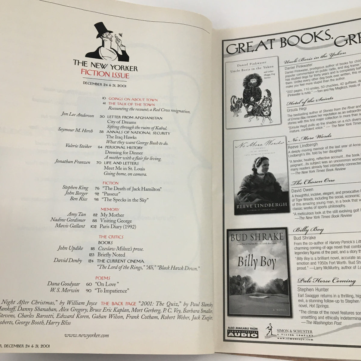 Interior page of The New Yorker December 24 2001 magazine showcasing the Great Books feature, including a list of notable authors and their works, reflecting the literary culture of the early 2000s.