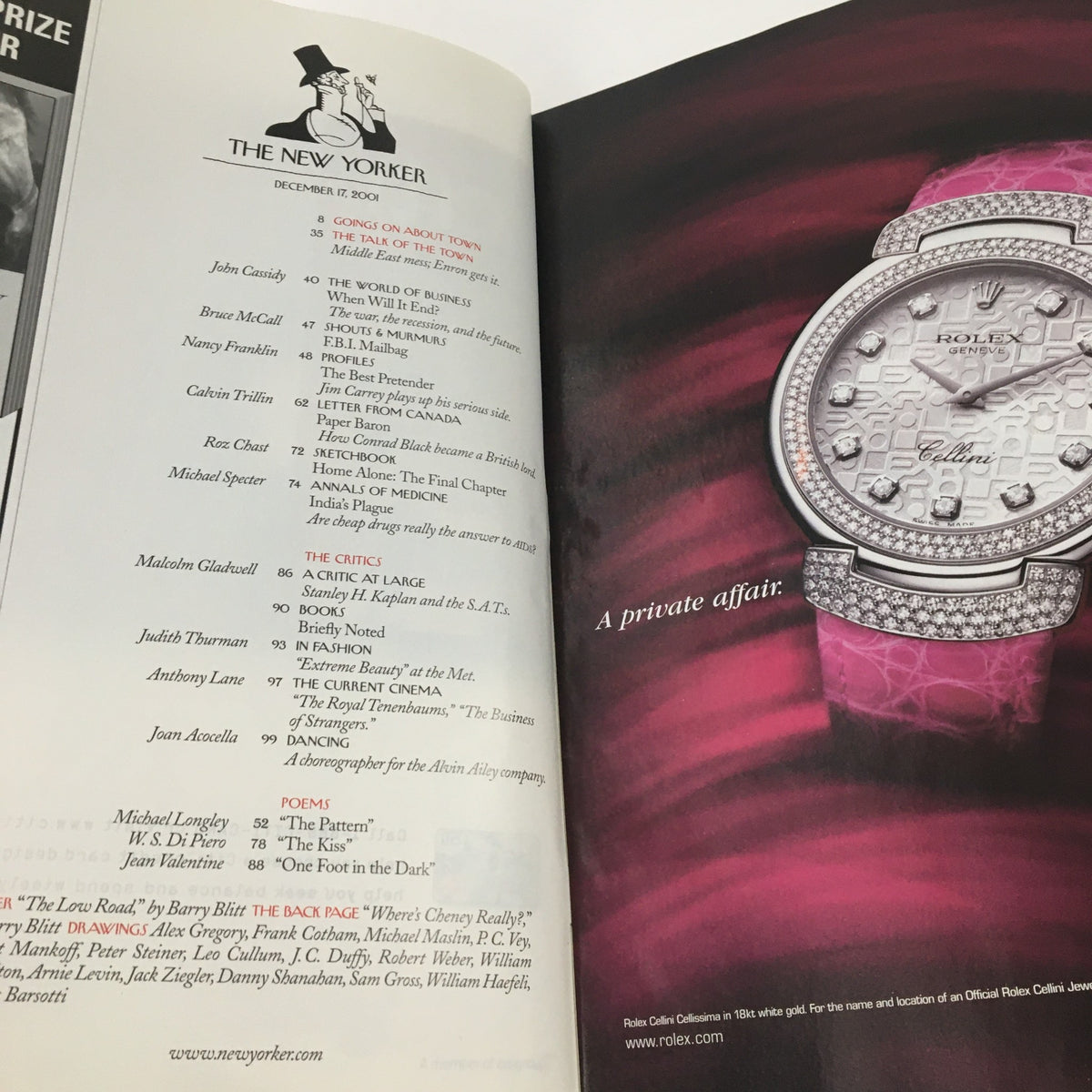 Interior magazine page from The New Yorker December 17, 2001 issue showcasing an advertisement for a Rolex watch, emphasizing luxury with a stunning diamond-encrusted timepiece.