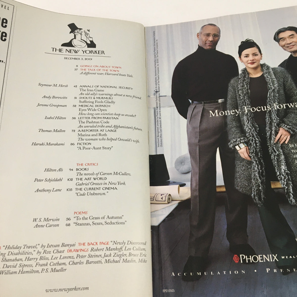 Inside spread of The New Yorker December 3, 2001 displaying magazine content and advertisements, capturing the publication's blend of art and journalism.