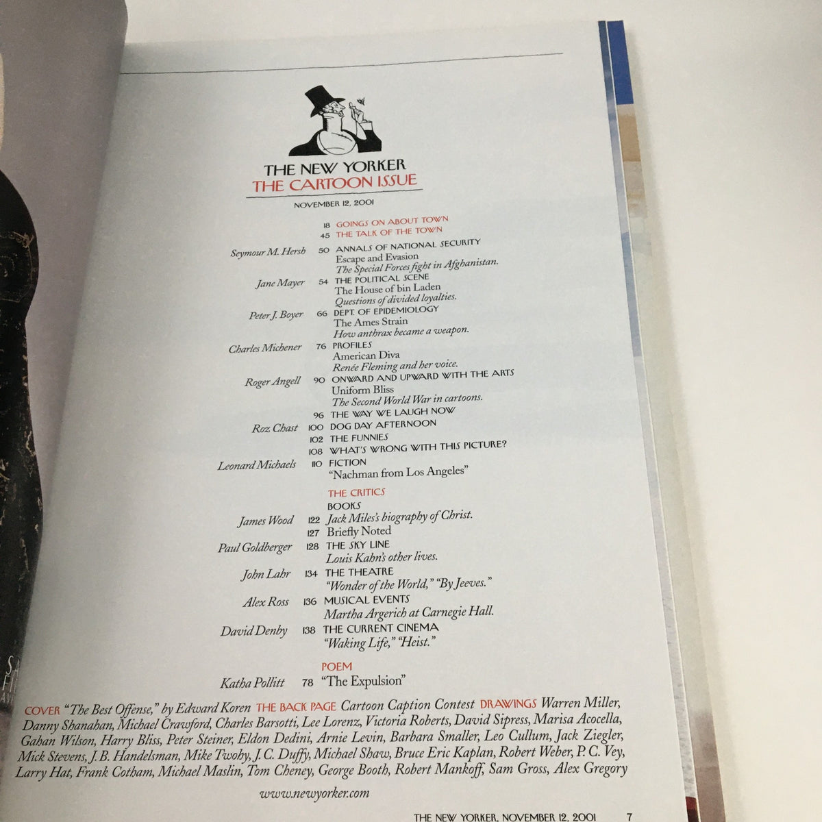 Interior page of The New Yorker November 1, 2001, showcasing the table of contents for the cartoon issue, highlighting various articles and contributors.