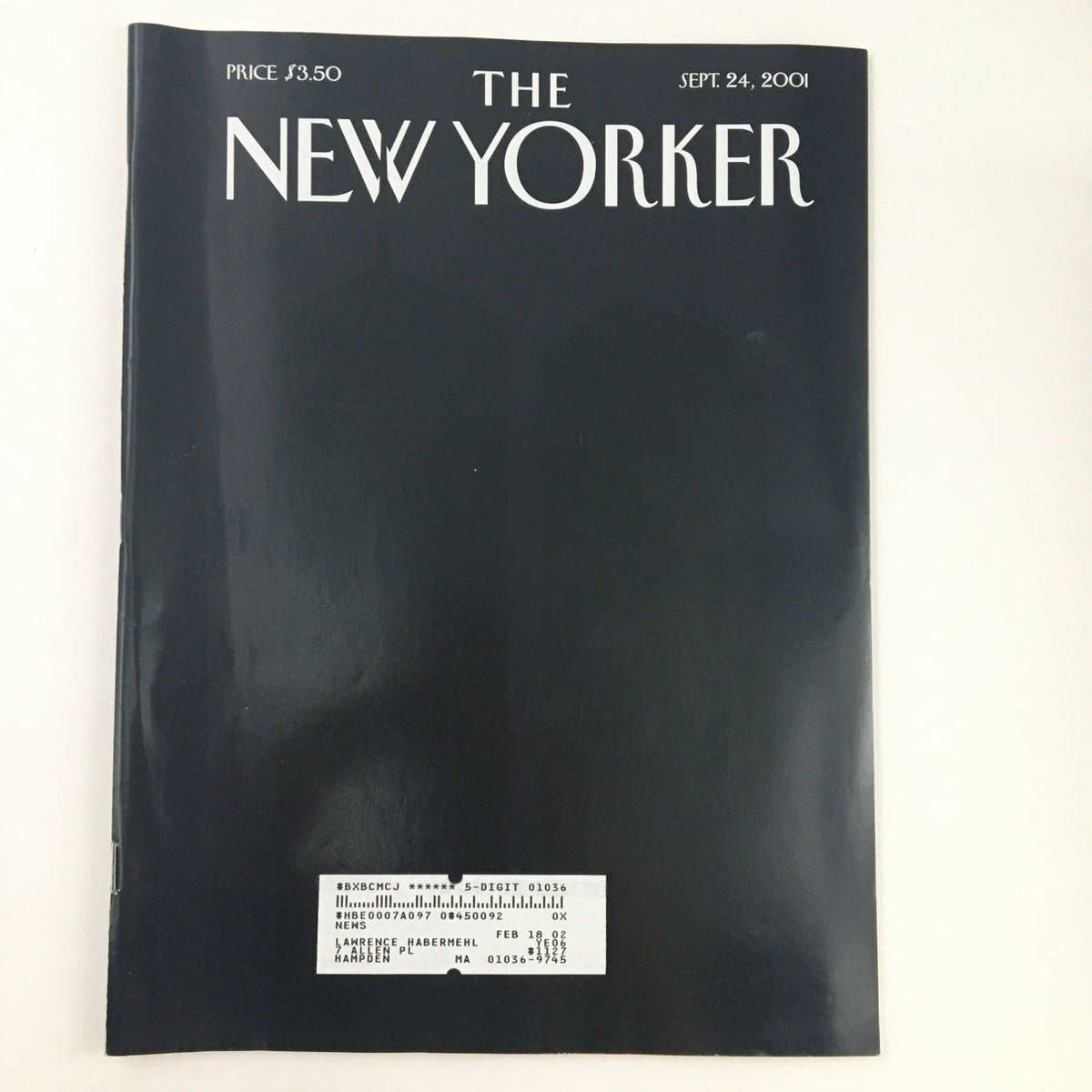 The New Yorker September 24 2001 Full Magazine with an iconic black cover designed by Art Spiegelman, featuring the magazine's title prominently displayed.