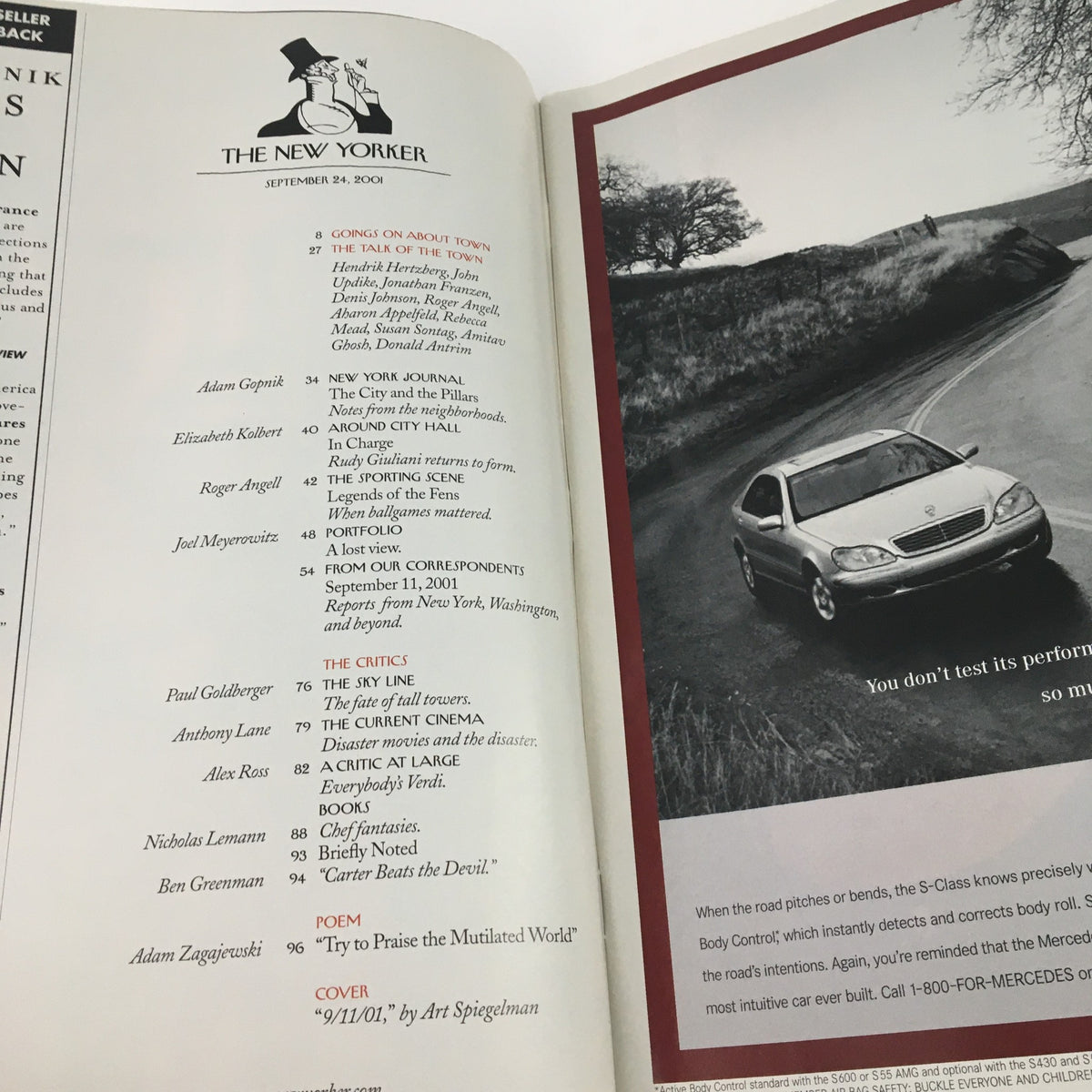 Interior page of The New Yorker September 24 2001 showing the table of contents, highlighting various articles and the notable cover art by Art Spiegelman.