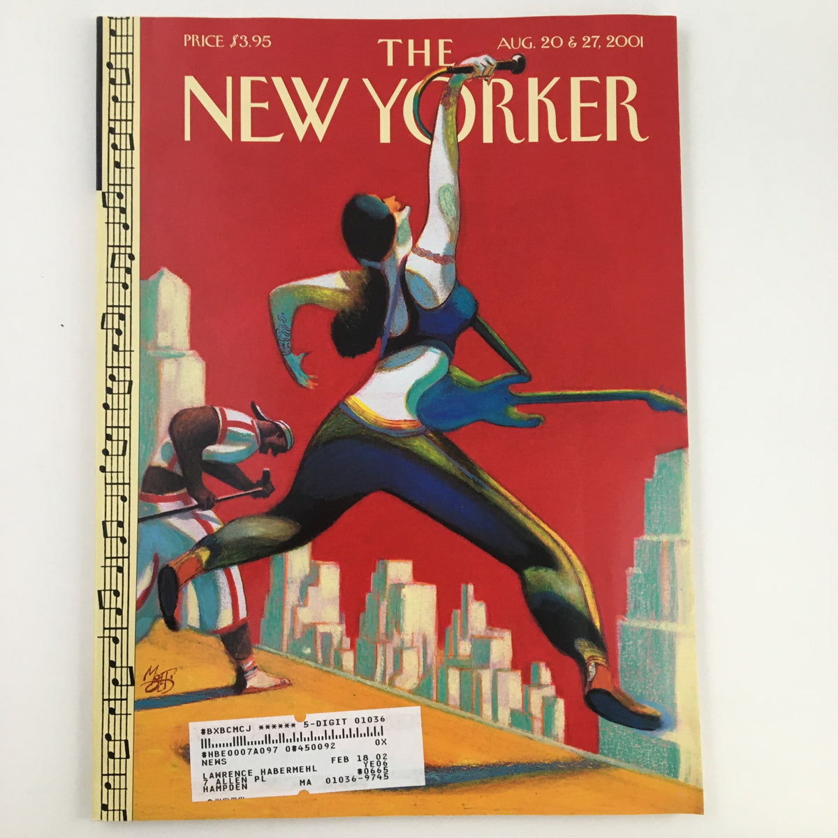 The New Yorker August 20, 2001 full magazine cover featuring captivating art by Lorenzo Mattotti, showcasing bold colors and dynamic figures.