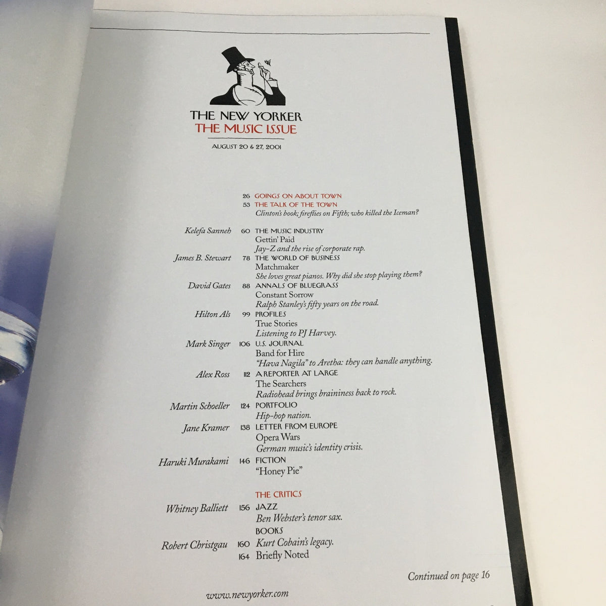Interior page of The New Yorker August 20, 2001 magazine, highlighting articles and columns in the Music Issue, with a sophisticated layout.