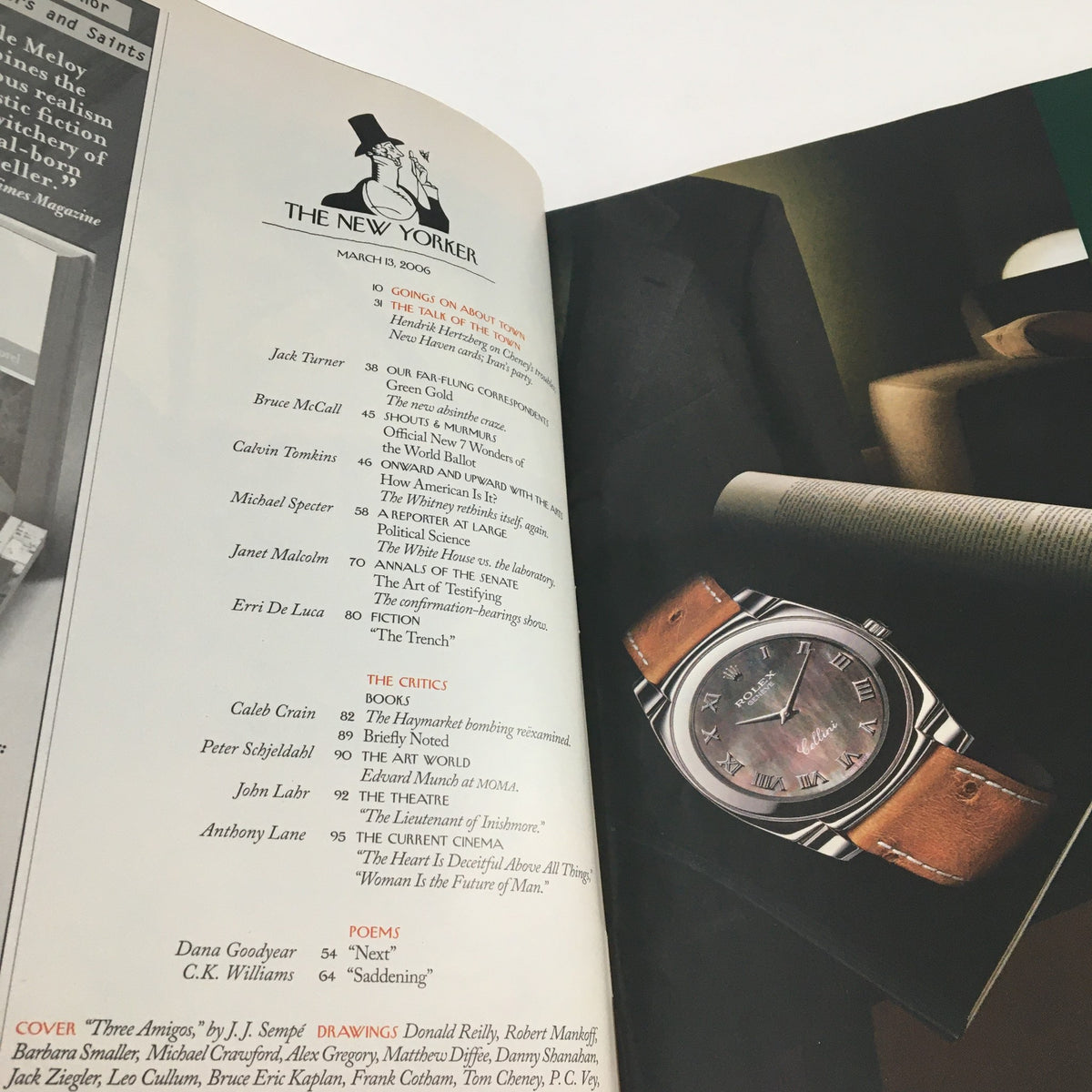 Inside page of The New Yorker March 13 2006 showcasing the magazine's table of contents with a stylish watch featured.