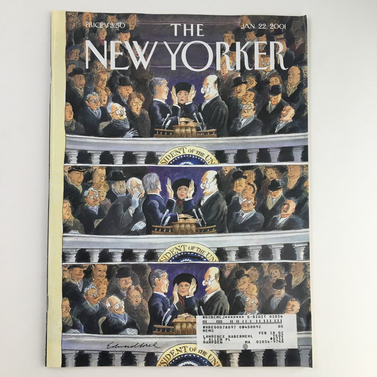 The New Yorker Magazine January 22 2001 Theme Art Cover by Edward Sorel, featuring a vibrant illustration depicting a gathering of people, showcasing Sorel's distinctive artistic style.