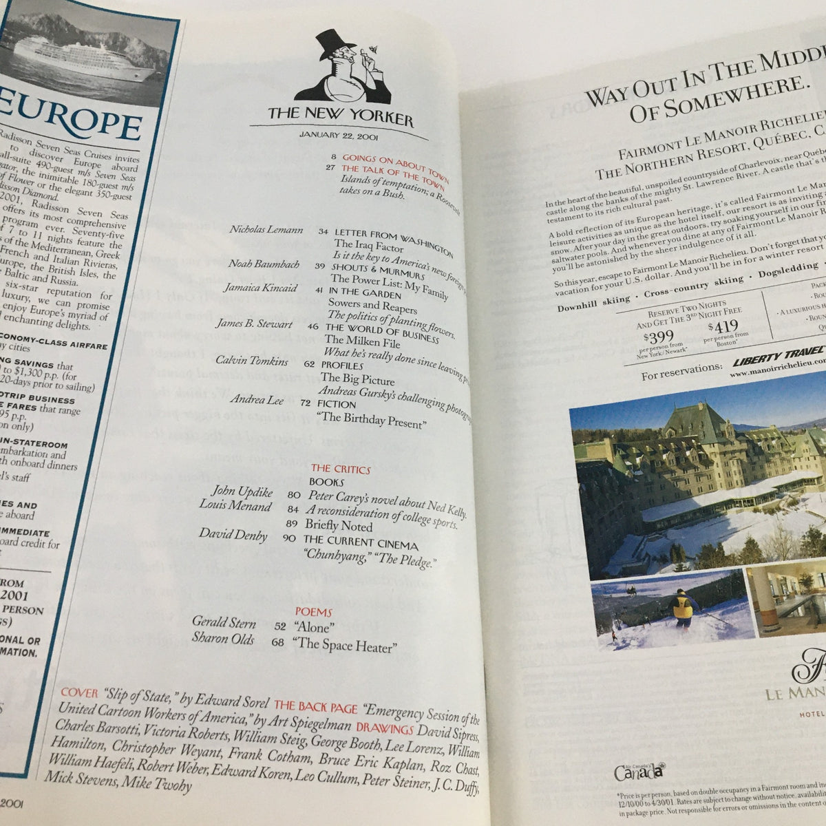 Inside view of The New Yorker Magazine January 22 2001, displaying the editorial page with contents and featured articles, emphasizing the magazine's cultural and literary significance.