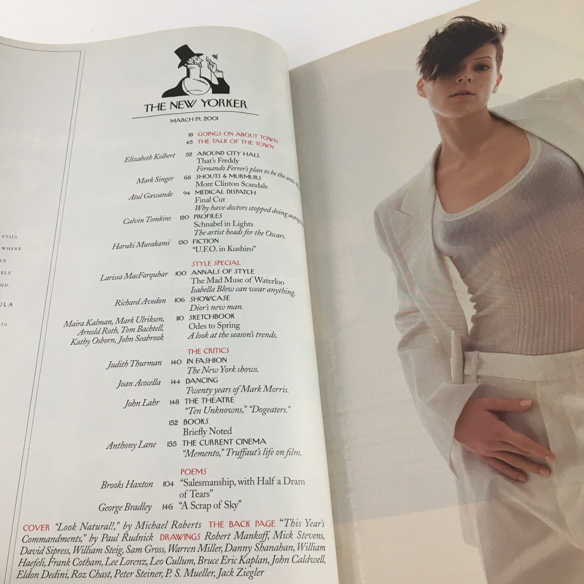 The interior page of The New Yorker Magazine March 19 2001 showcasing contents and features including articles by various authors alongside a stylish image of a model.