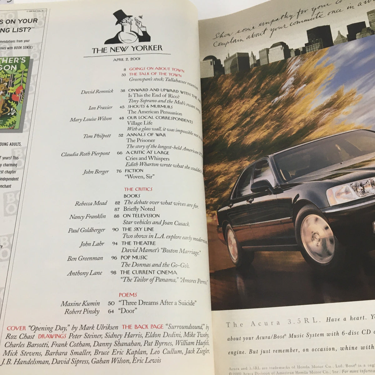 The New Yorker Magazine April 2 2001 interior page showcasing advertisement and list of contributors, highlighting cultural insights from the early 2000s.
