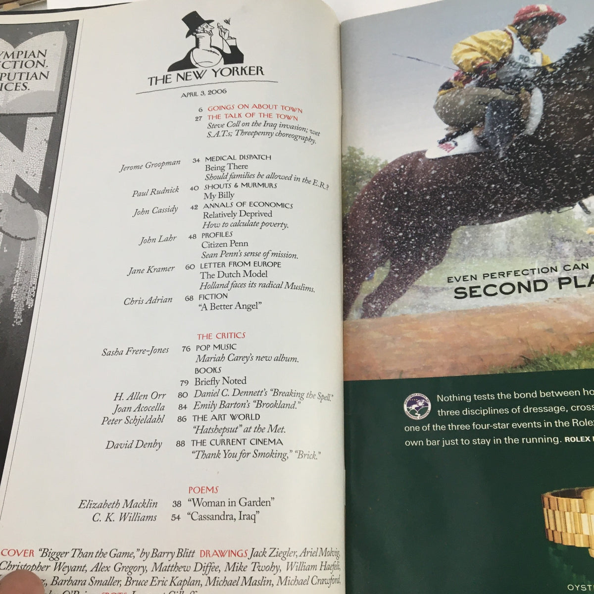 Inside page of The New Yorker Magazine April 3 2001 featuring the table of contents, highlighting articles and features from that issue. This issue includes commentary and illustrations by Barry Blitt, showcasing the magazine's blend of art and journalism.