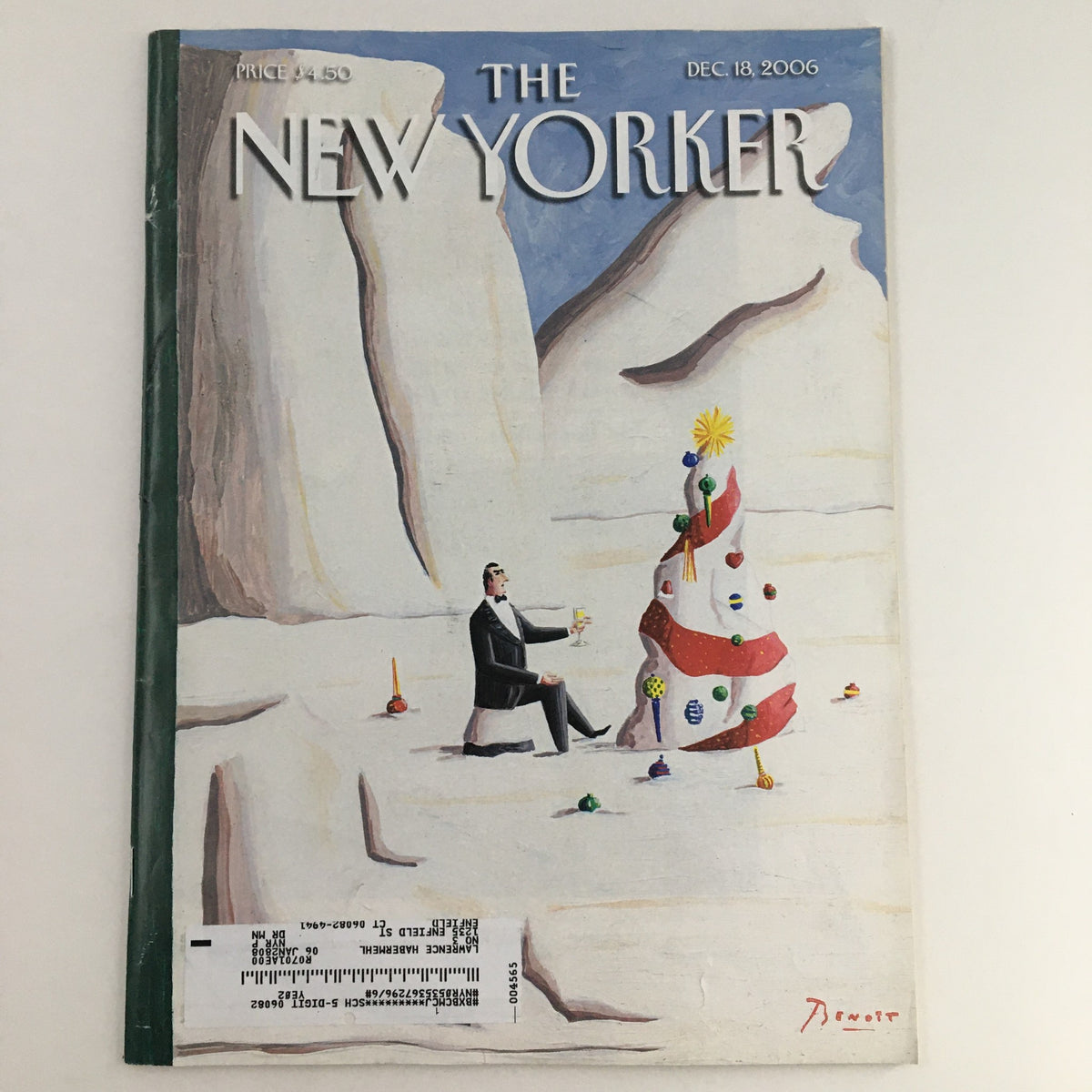 The New Yorker Magazine December 18 2006 featuring a unique art cover by Benoit van Innis, showcasing a man seated in an abstract snowy landscape with a decorative tree.