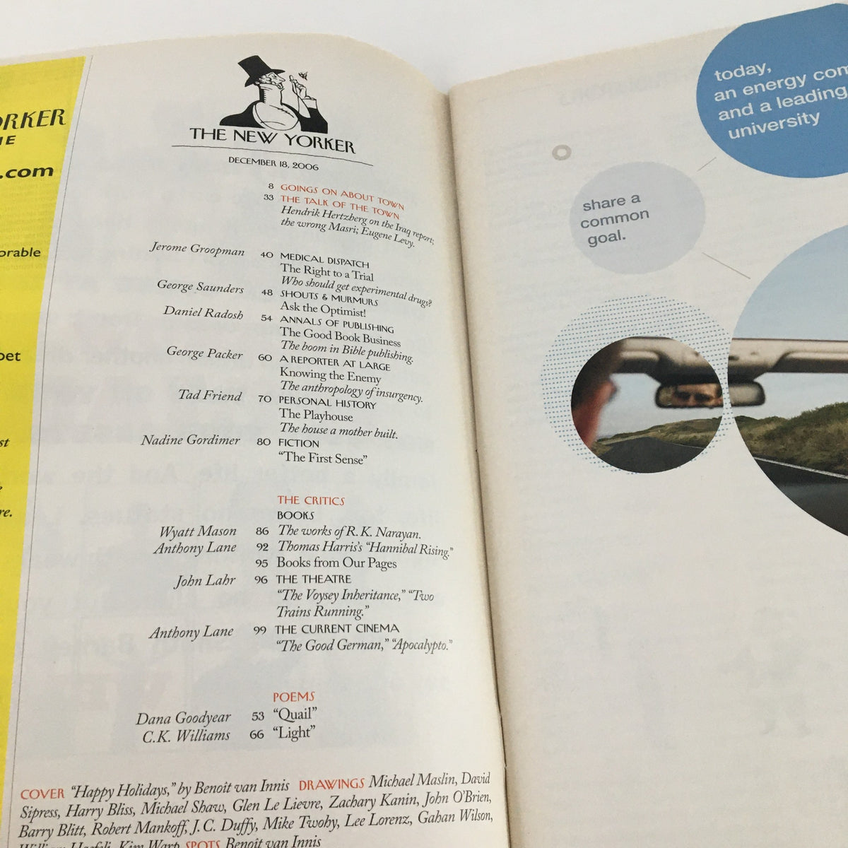 Inside page of The New Yorker Magazine December 18 2006, highlighting the table of contents with various articles and contributors.