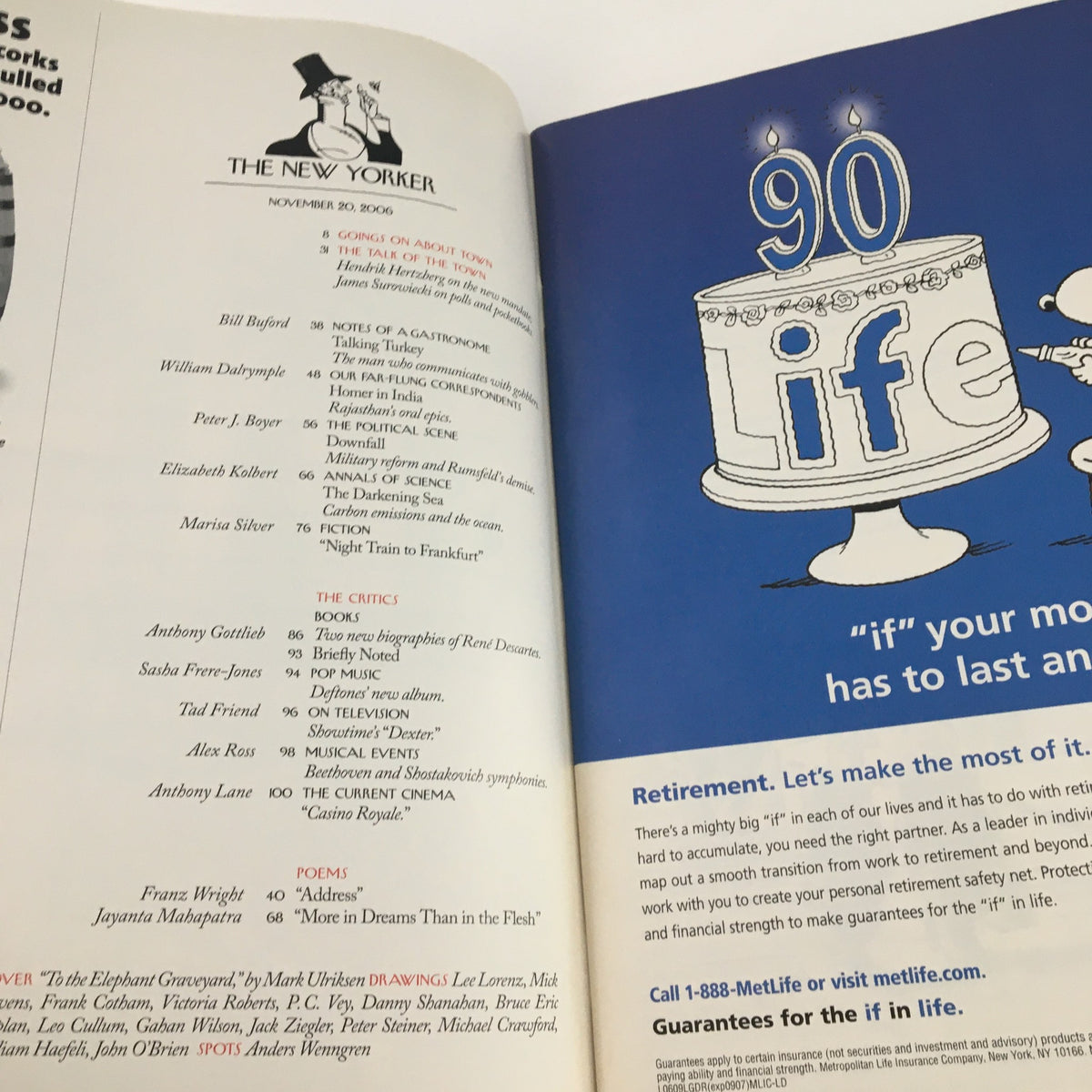 Inside pages of The New Yorker Magazine November 20 2006 displaying the table of contents with various articles and illustrations.