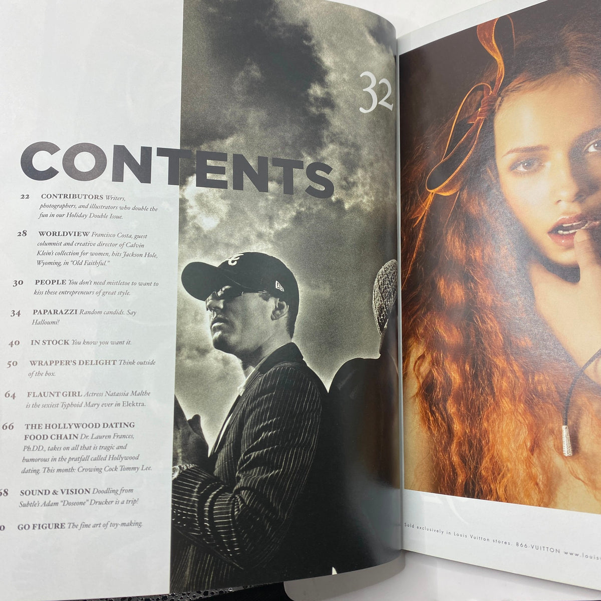 Contents page of Flaunt Magazine January 2005, Issue #60, highlighting articles and contributors alongside striking monochrome photography.