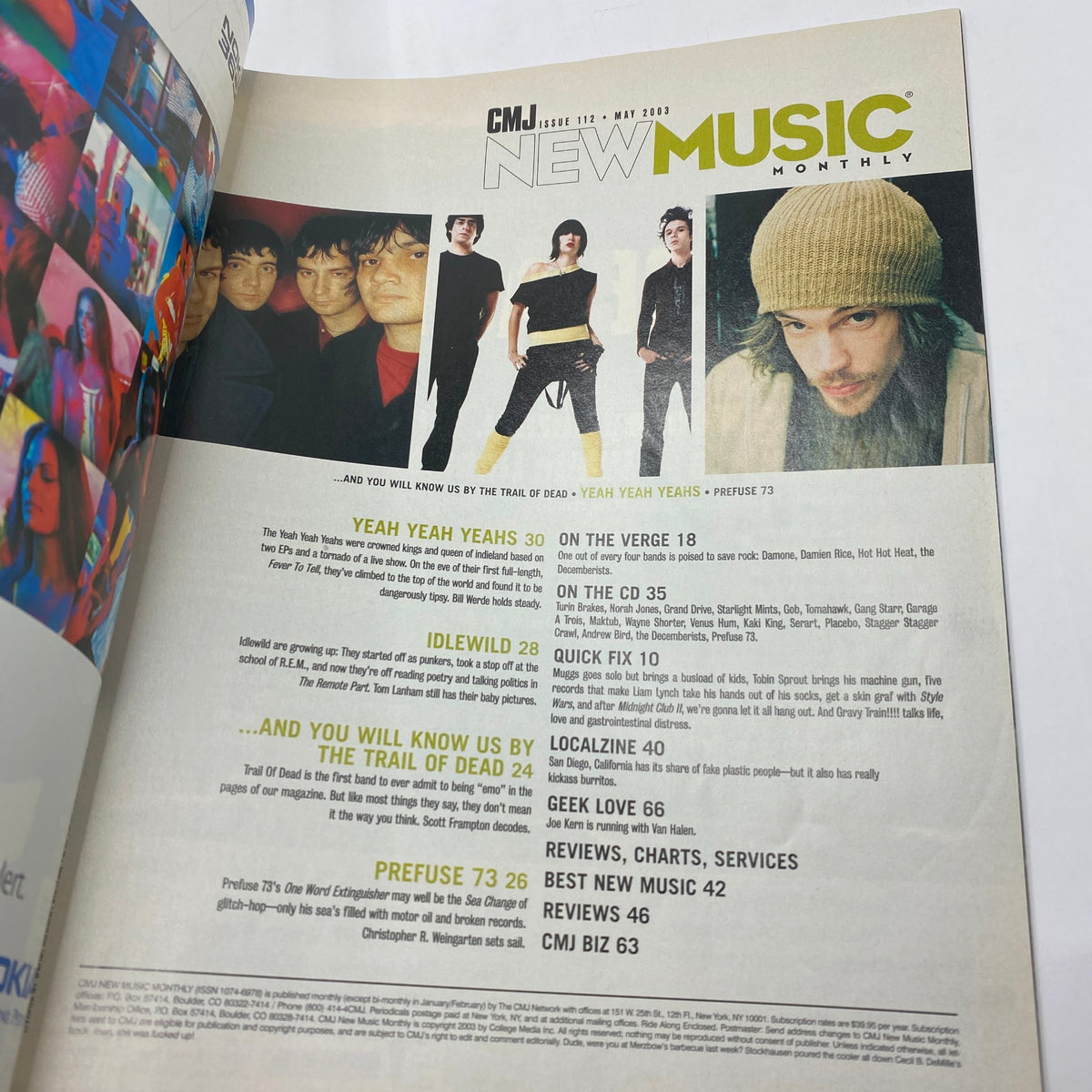 Inside page of New Music Monthly Magazine, May 2003, displaying features and articles about the Yeah Yeah Yeahs and related music content, highlighting the indie rock scene.