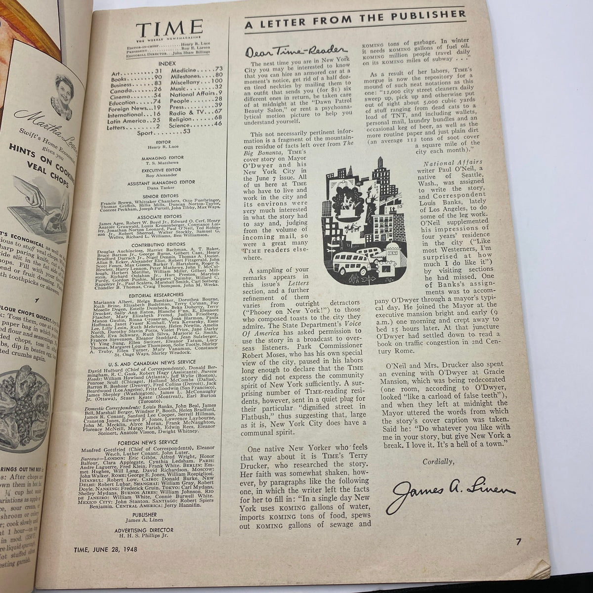 Inside page of Vintage Time Magazine June 28 1948, displaying a letter from the publisher and magazine content index.