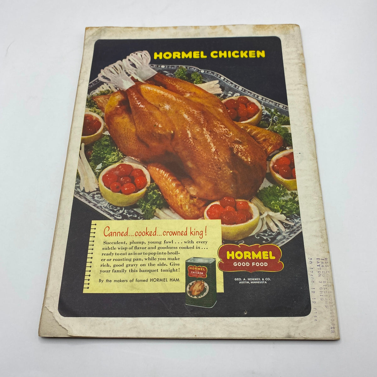 Back cover of Vintage Time Magazine June 28 1948, advertising Hormel Chicken with a colorful illustration of a cooked chicken dish.
