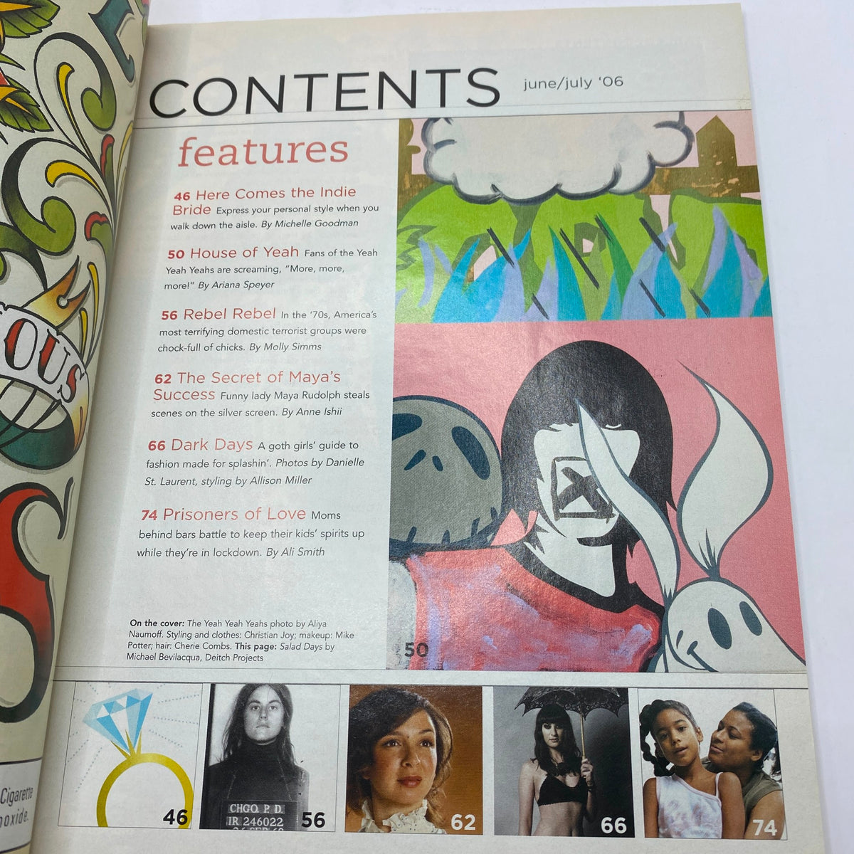 Contents page of Bust Magazine June - July 2006, showcasing featured articles including House of Yeah.