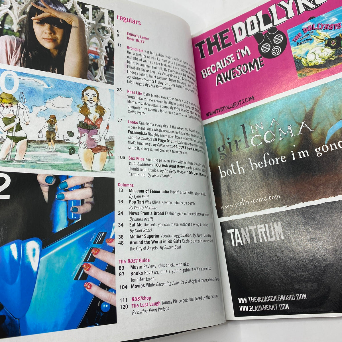 Inside pages of Bust Magazine August 2007, highlighting articles and content related to fashion and music trends.