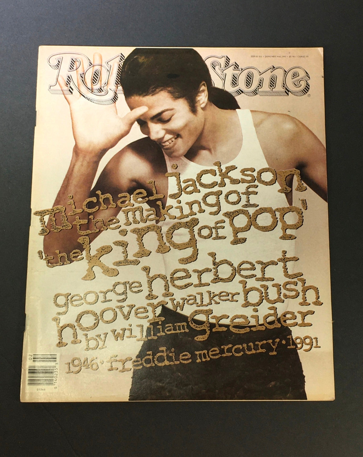 Vintage Rolling Stone Magazine from January 9, 1992 featuring Michael Jackson, celebrating his status as the 'King of Pop' alongside an article on George Herbert. The magazine has a unique cover design and highlights key cultural moments from the early 90s.