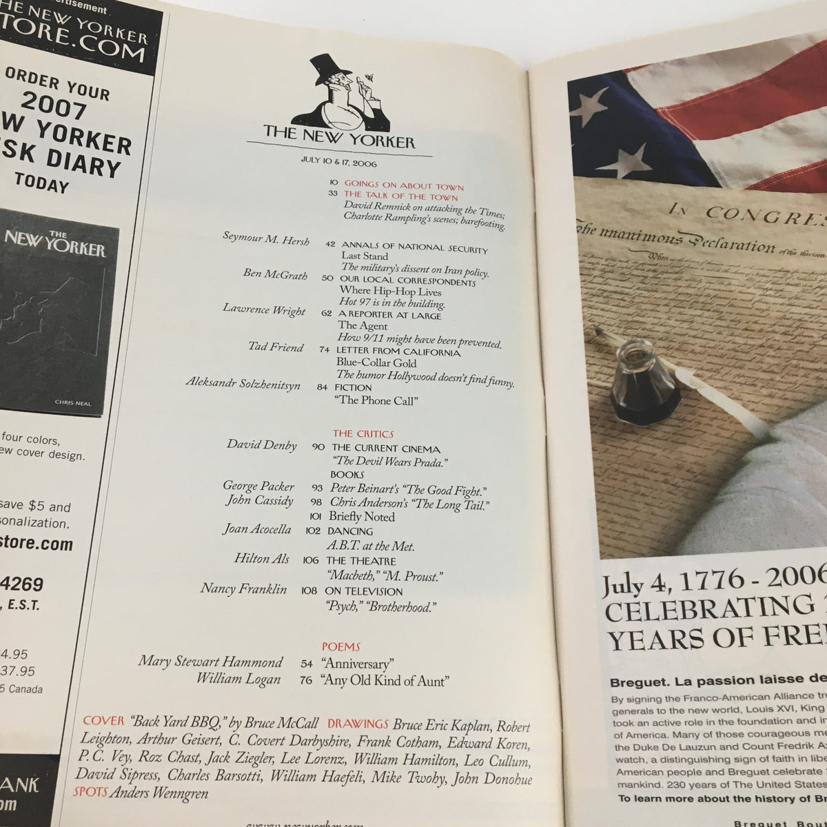 Inside page of The New Yorker Magazine July 10 2006 featuring table of contents, including contributions by Bruce McCall and other notable writers. This issue showcases urban culture and thought-provoking themes.