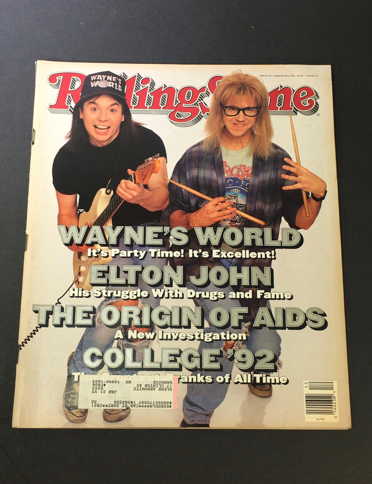 VTG Rolling Stone Magazine March 19 1992 featuring Mike Myers and Dana Carvey on the cover, showcasing their characters from Wayne's World, capturing a moment in early 90s pop culture.