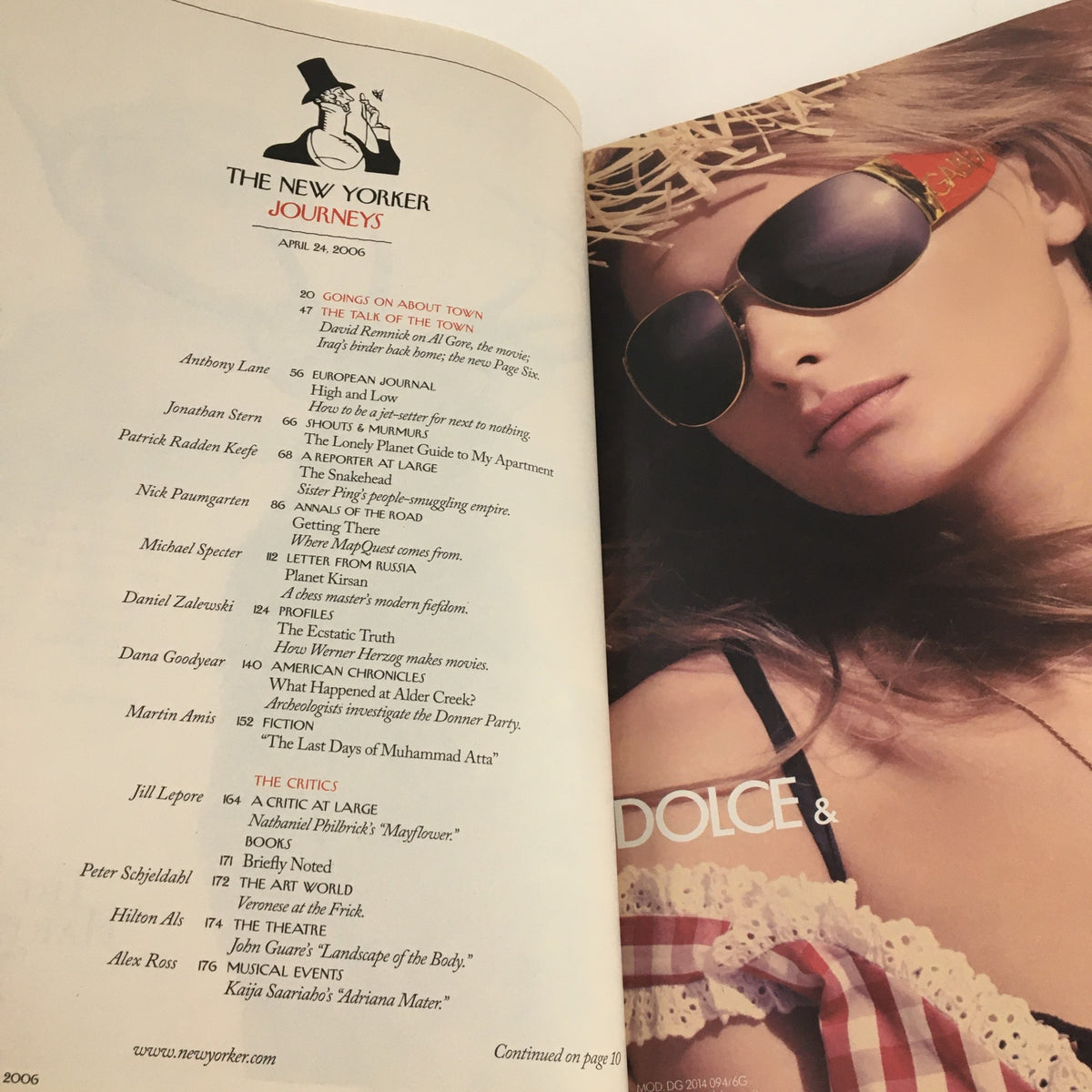 Inside view of The New Yorker Magazine April 24 2006 featuring the Table of Contents and fashion advertisement, showcasing contemporary style and cultural themes from the era.