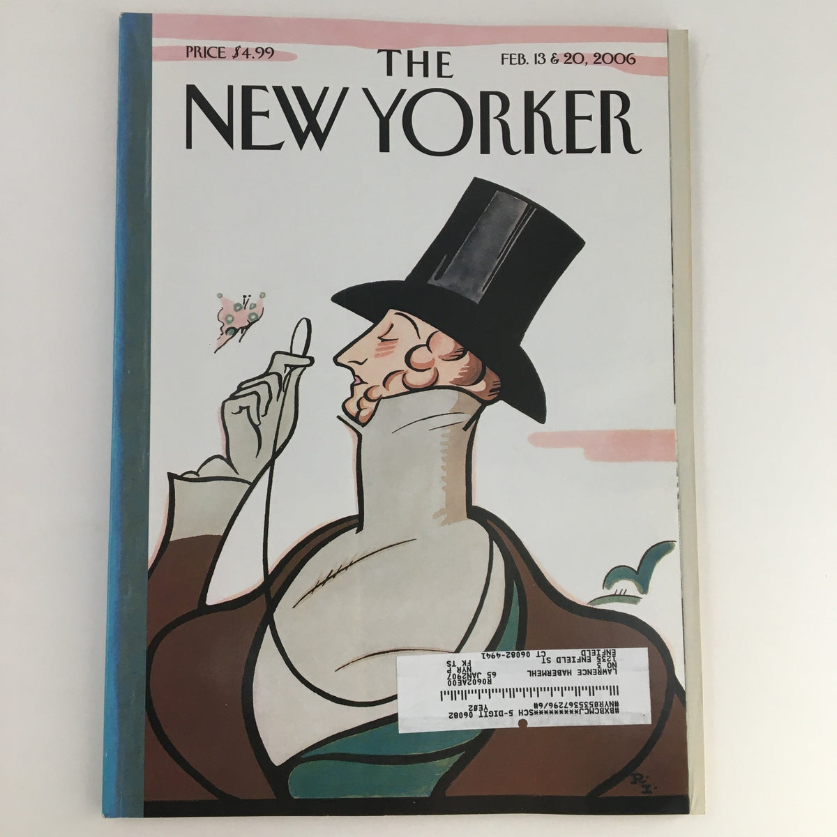 The New Yorker Magazine February 13 2006 Cover Art featuring Rea Irvin's illustration, showcasing a gentleman in a top hat, symbolizing the magazine's artistic expression.