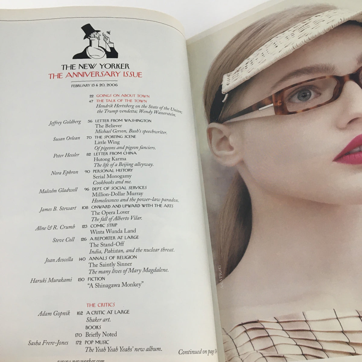 Interior page of The New Yorker Magazine February 13 2006, highlighting contributors and featured articles for the anniversary issue.