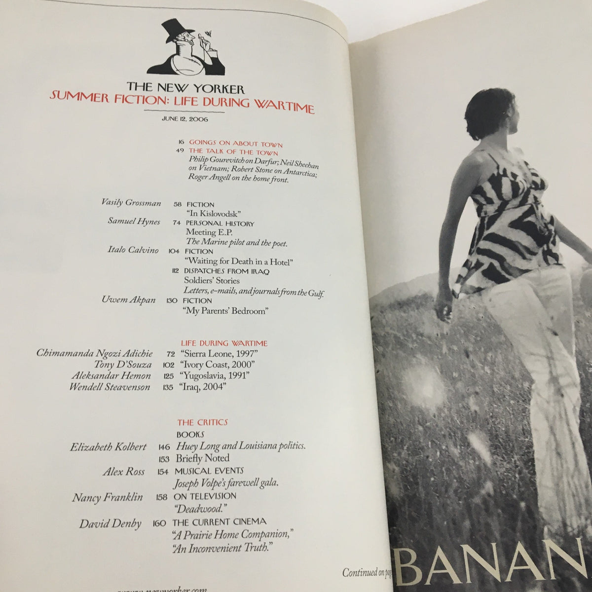 The New Yorker Magazine June 12 2006 showcasing the contents page with titles and authors for Summer Fiction: Life During Wartime.