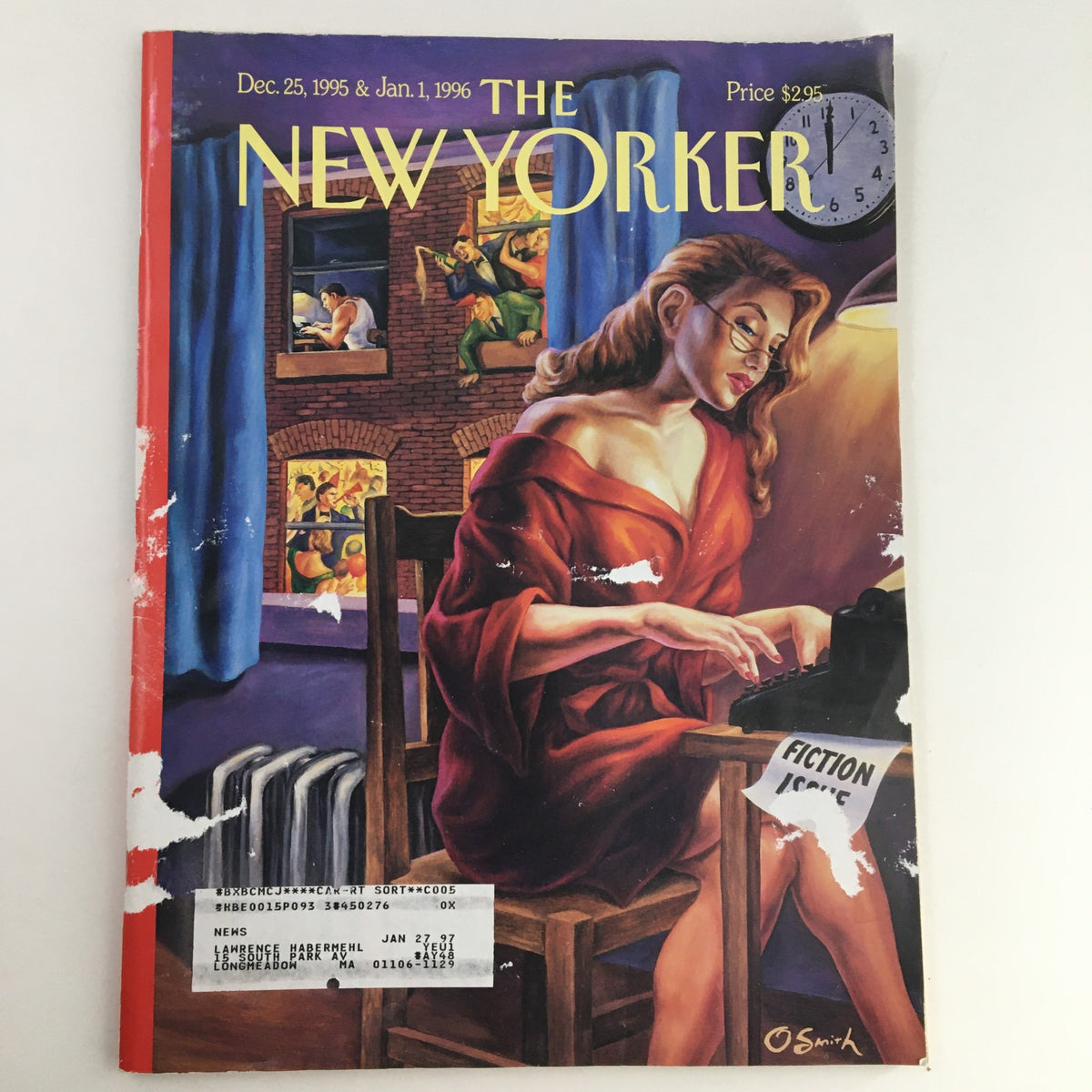 Cover of The New Yorker Magazine, December 25, 1995, featuring theme art by Owen Smith. The illustration depicts a woman in a red robe sitting at a typewriter, with scenes from a city visible in the background. Magazine condition is acceptable with some wear and an address label on the front.