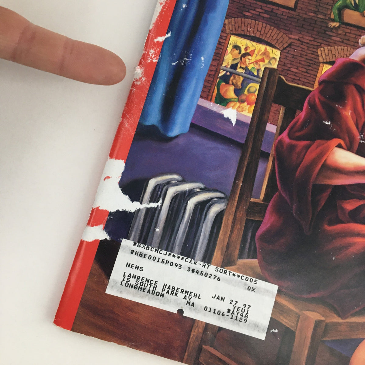 Cover detail of The New Yorker Magazine December 25 1995 Theme Art Cover by Owen Smith, showing magazine edge with wear and address label, capturing the condition and unique aspects of the collectible magazine.