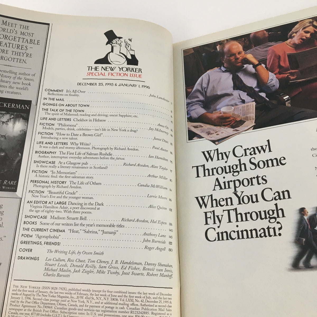 Inside page of The New Yorker Magazine December 25 1995 Special Fiction Issue, featuring the contents section and a photograph of travelers, showcasing the editorial style and thematic content of the issue.