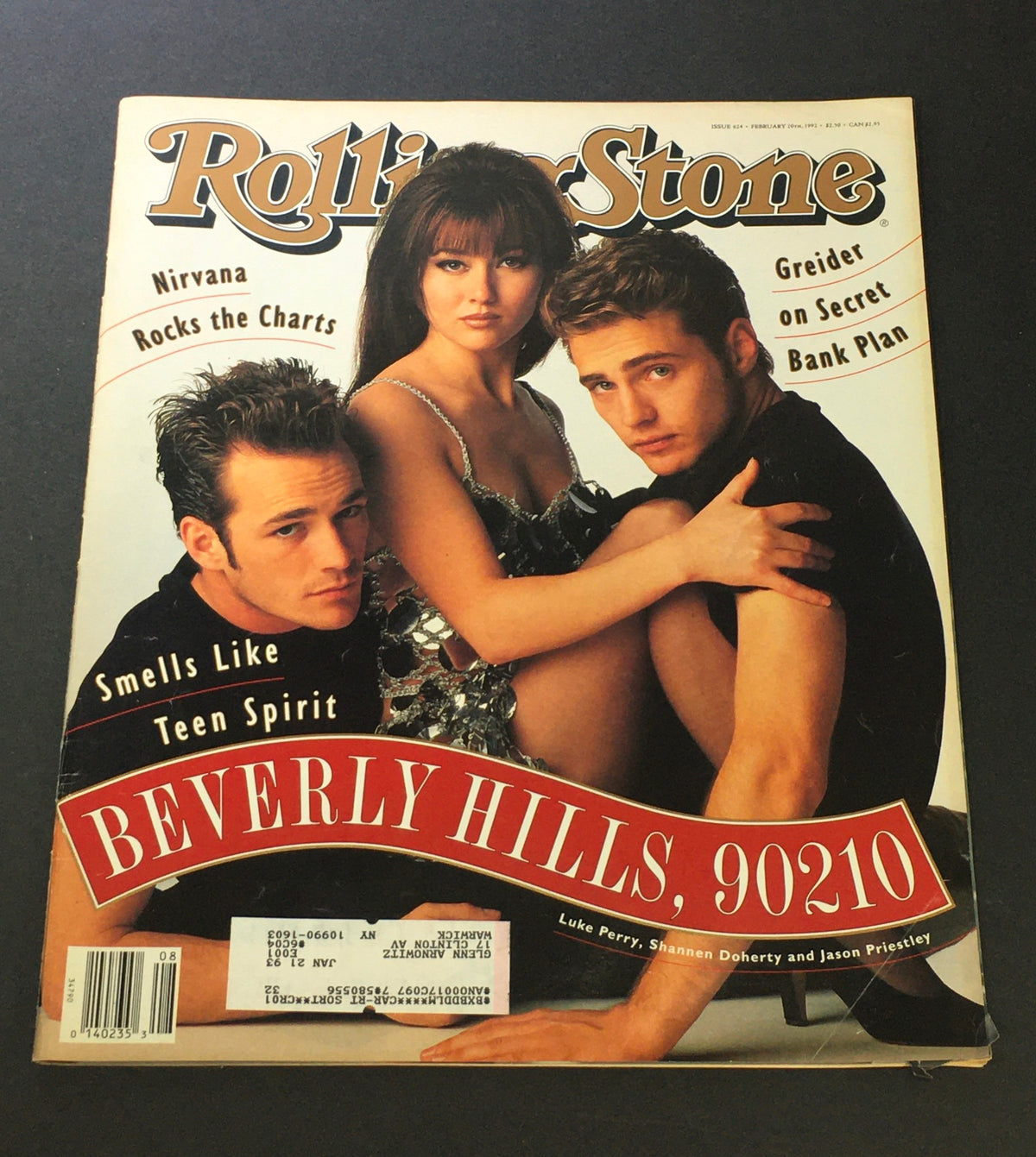 Vintage Rolling Stone Magazine from February 20, 1992 featuring Luke Perry, Shannen Doherty, and Jason Priestley on the cover, highlighting 'Beverly Hills, 90210' and 90s pop culture.