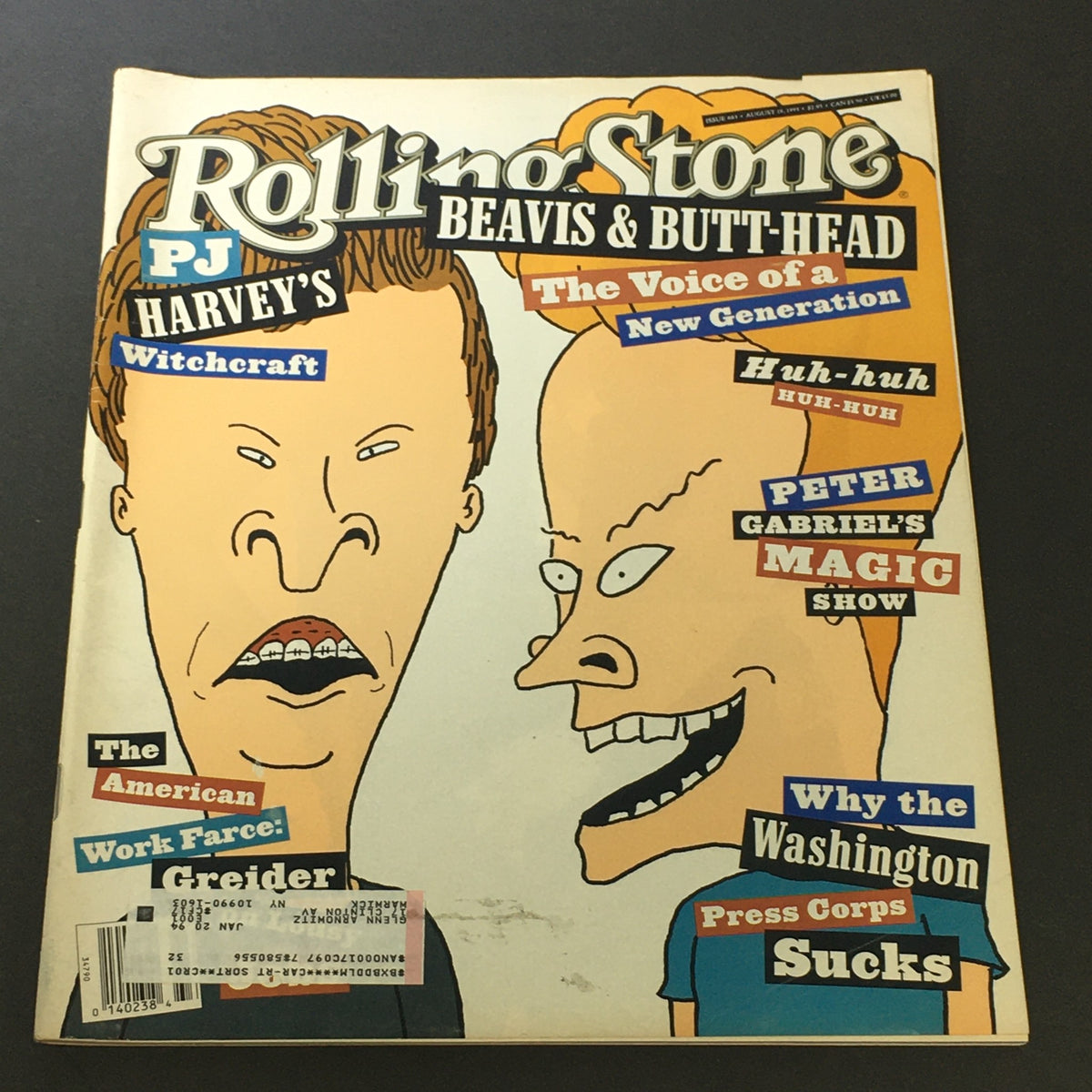 Vintage Rolling Stone Magazine from August 19, 1993 featuring Beavis and Butt-Head Animation on the cover, showcasing 90s pop culture.