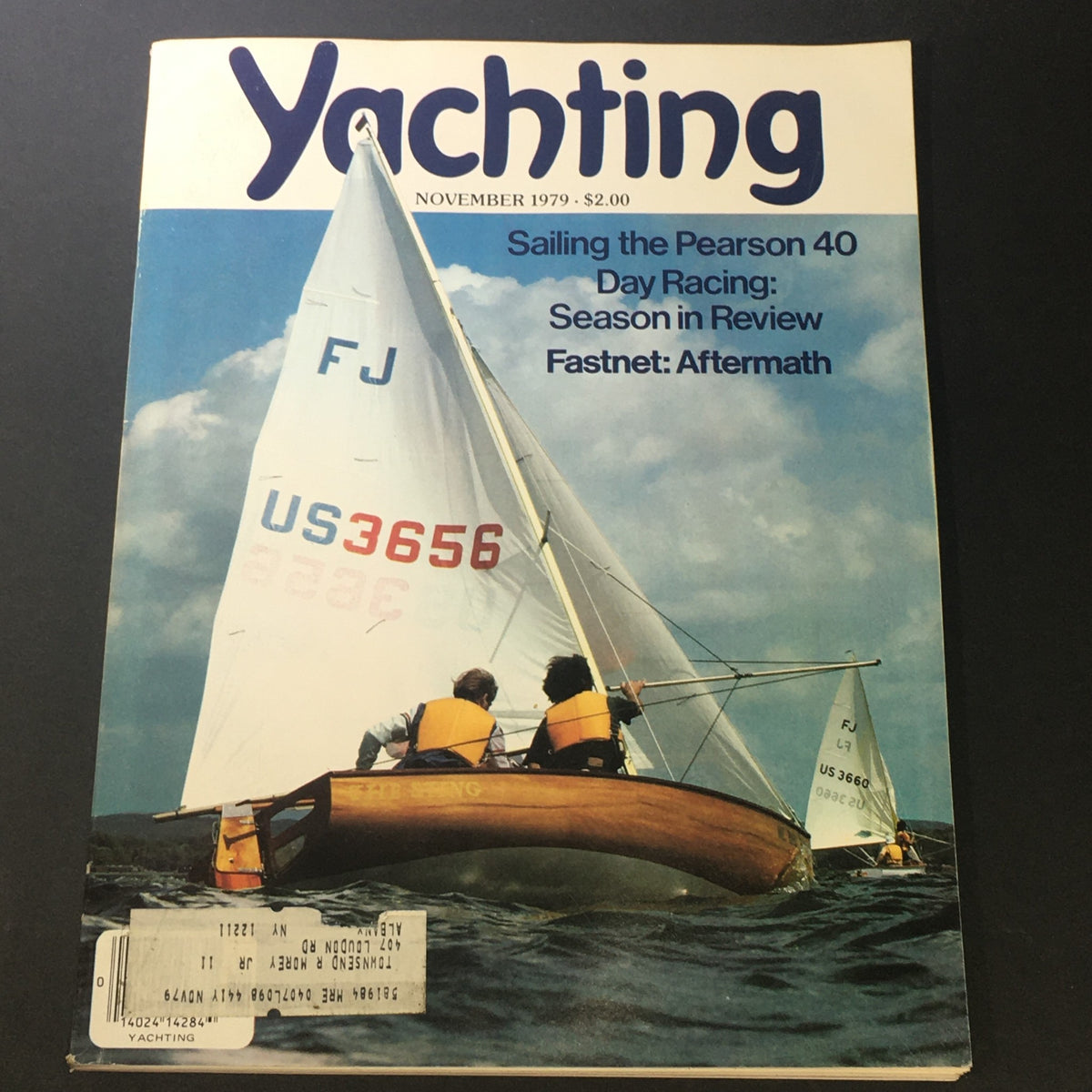 Cover of VTG Yachting Magazine November 1979 featuring Sailing the Pearson 40 Day Racing, showcasing a sailboat on the water with two sailors and additional boats in the background.