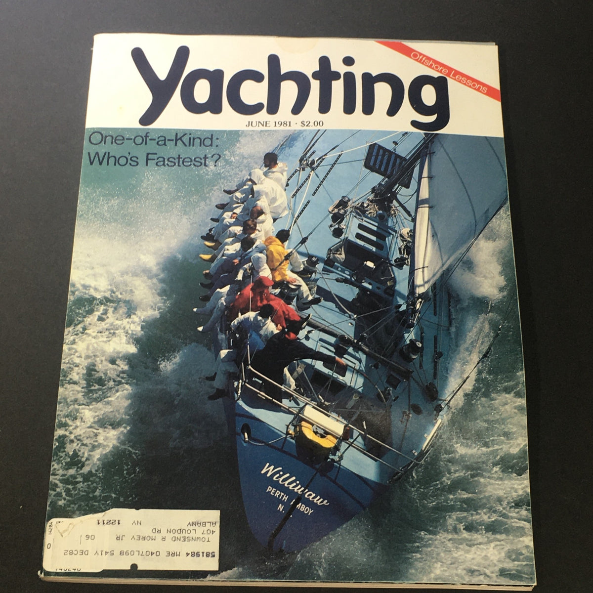 Cover of VTG Yachting Magazine June 1981 featuring a dramatic racing yacht with crew in action during a regatta, highlighting offshore racing and competitive sailing.