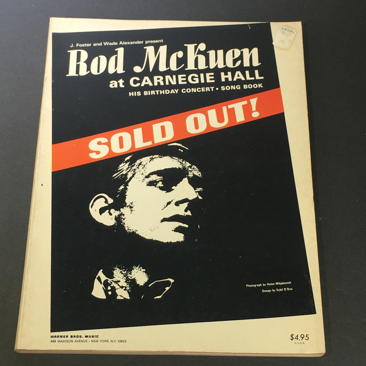 VTG Rod McKuen at Carnegie Hall Birthday Concert & Songbook January 1970 cover featuring a striking black and white image of Rod McKuen with text 'SOLD OUT!' prominently displayed in red.