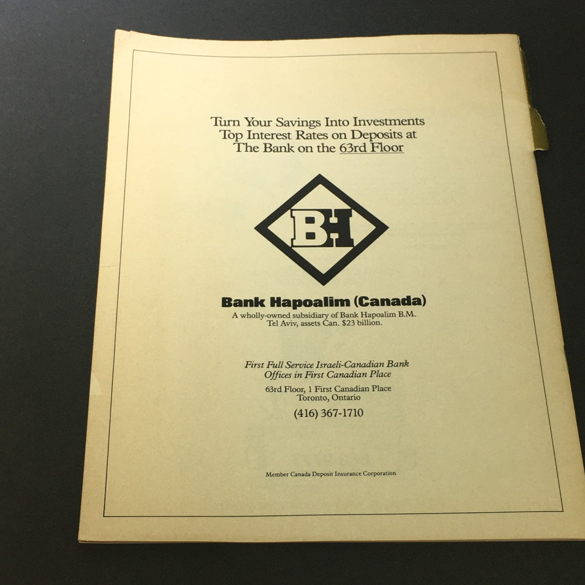 Interior page of Bank Hapoalim (Canada) advertisement from VTG Front and Rear Music Magazine October 21-November 13 1989 featuring investment promotions.