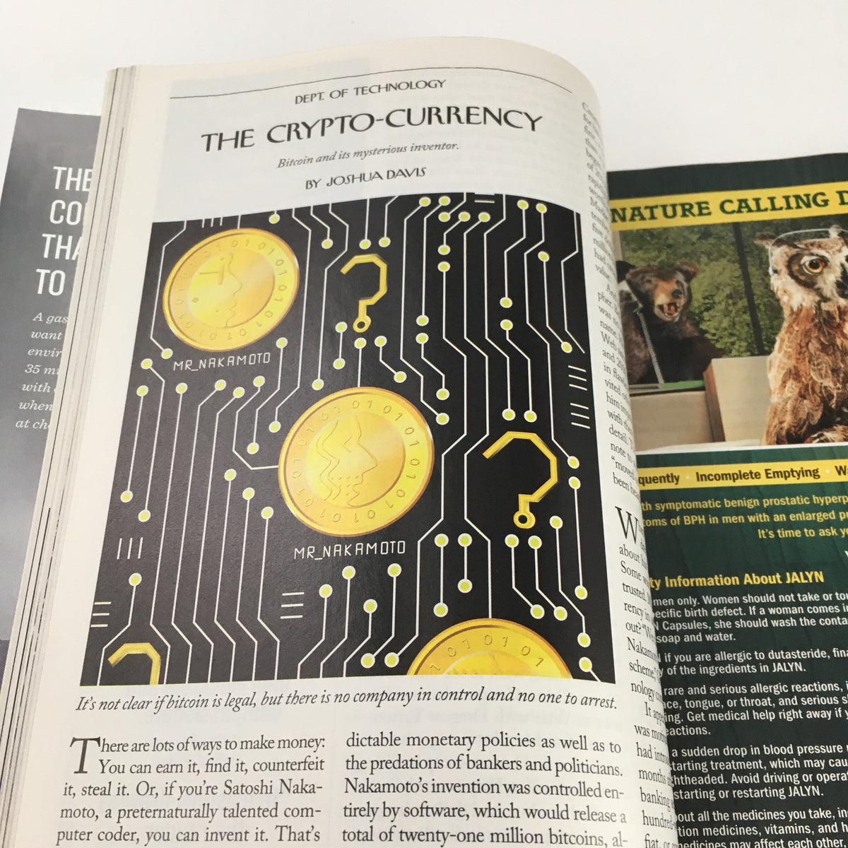 Article page titled 'The Crypto-Currency' from The New Yorker Magazine October 10 2011, discussing Bitcoin and its mysterious inventor.