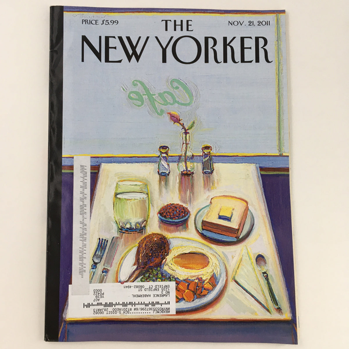 The New Yorker Magazine cover from November 21, 2011, featuring a theme art cover by Wayne Thiebaud. The cover showcases an artistic depiction of a cafe with a colorful dessert and a plate, embodying Thiebaud's whimsical style.